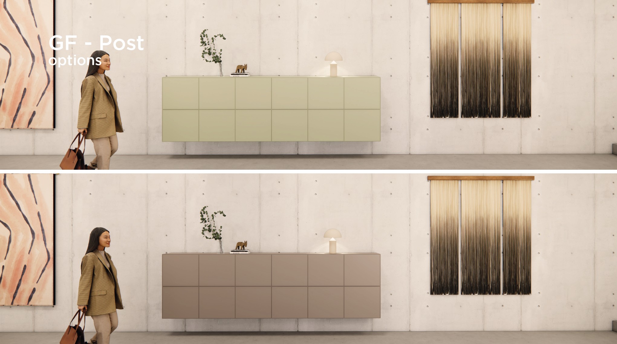 Vergelijking van twee interieurontwerpen met verschillende kleuren wandkasten aan de Fred. Roeskestraat, ieder vergezeld door een vrouw die langsloopt.